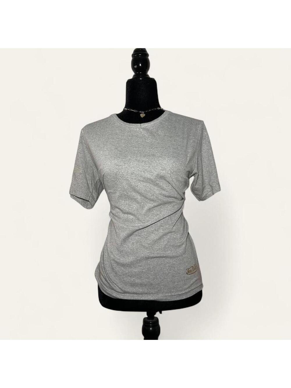 Von Dutch Grey V-Neck T-Shirt Gold Logo Size Medium Y2K McBling Streetwear
